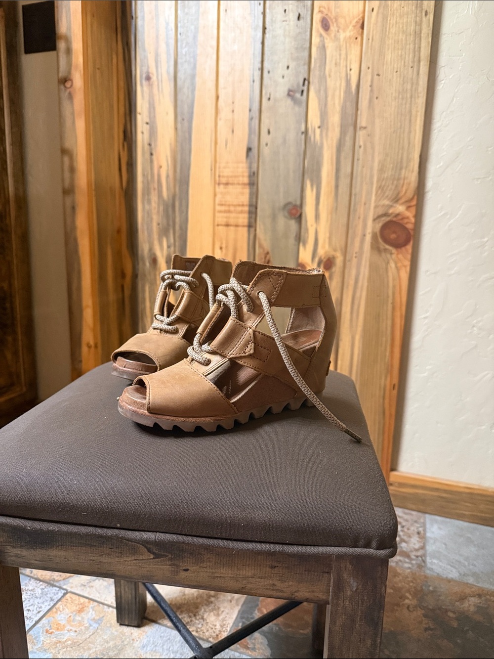 Open-Toe Tan Lace-Up Wedge Sandals